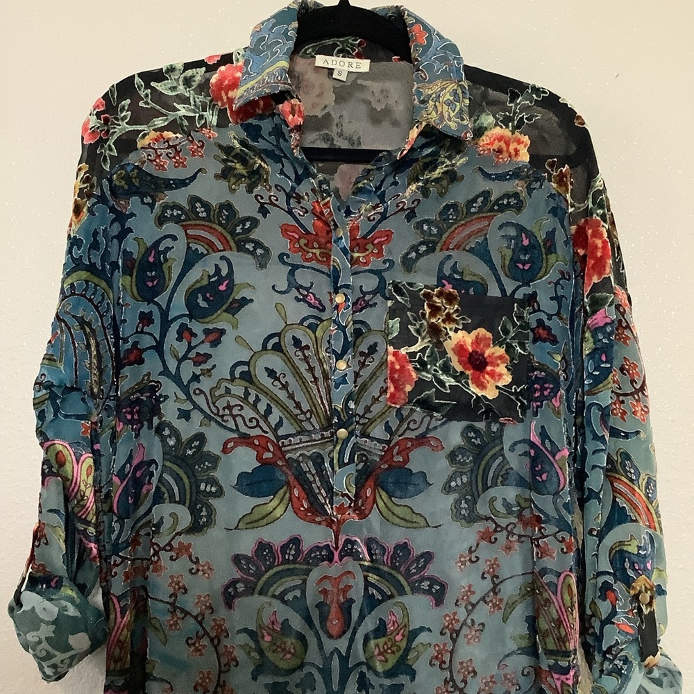 Blue Colorful Velvet Burnout Artsy Boho Hippie Lagenlook Oversized Tunic Shirt S - Picture 2 of 8